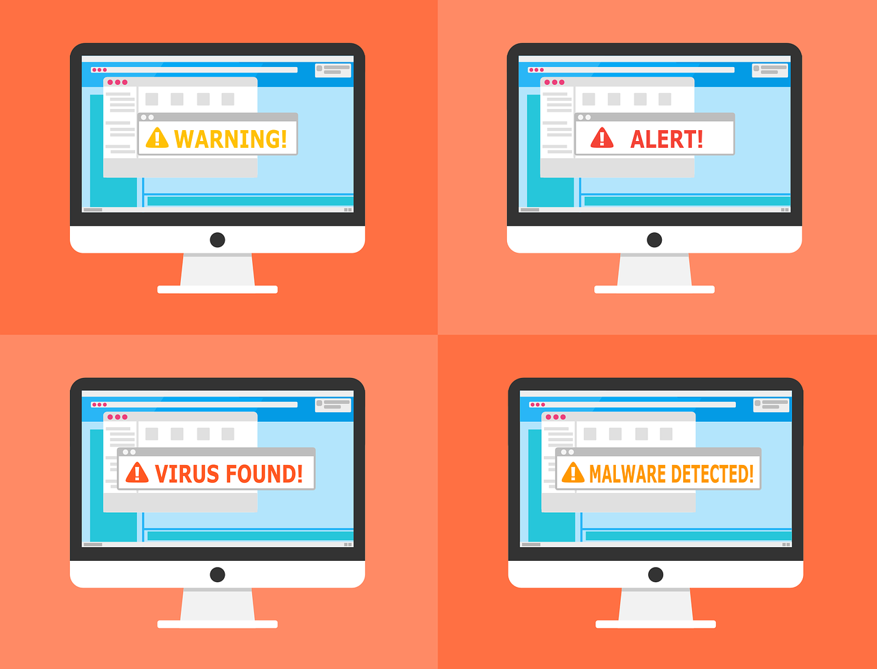 four computers with the words warning, alert, virus and malware